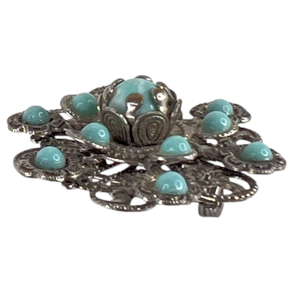 Vintage 1950s Silver Filigree Design Simulated Faux Turquoise Cabochon Brooch - Picture 6 of 6